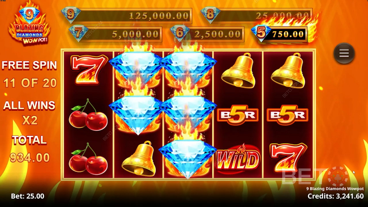 Uncover ripper Free Spin Bonuses and cash prizes in the 9 Blazing Diamonds Wowpot pokie