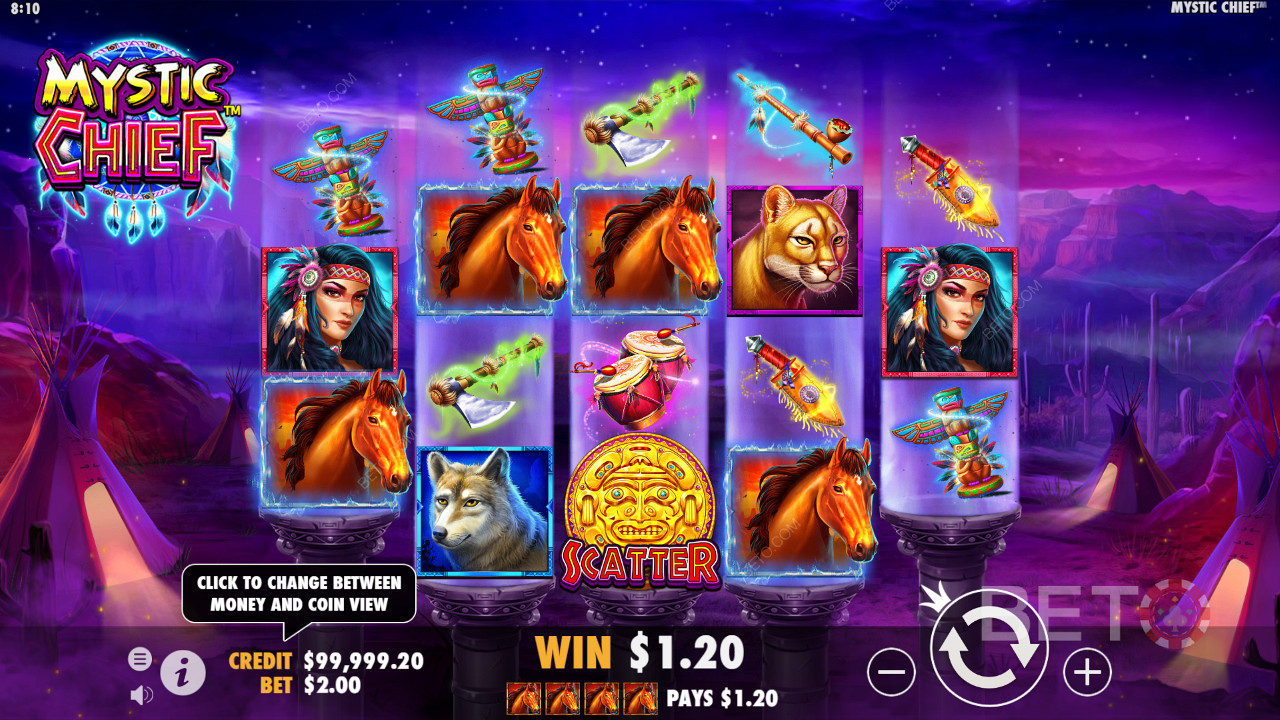 Unique 3-4-4-4-3 reel setup on Mystic Chief pokie