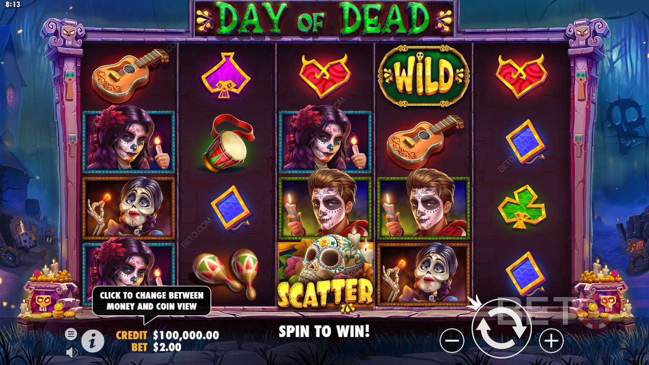 Celebrate the eerie vibe in the Day of Dead pokie game