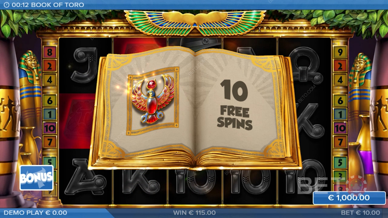 Score 3 Scatters for 10 Free Spins in Book of Toro pokie