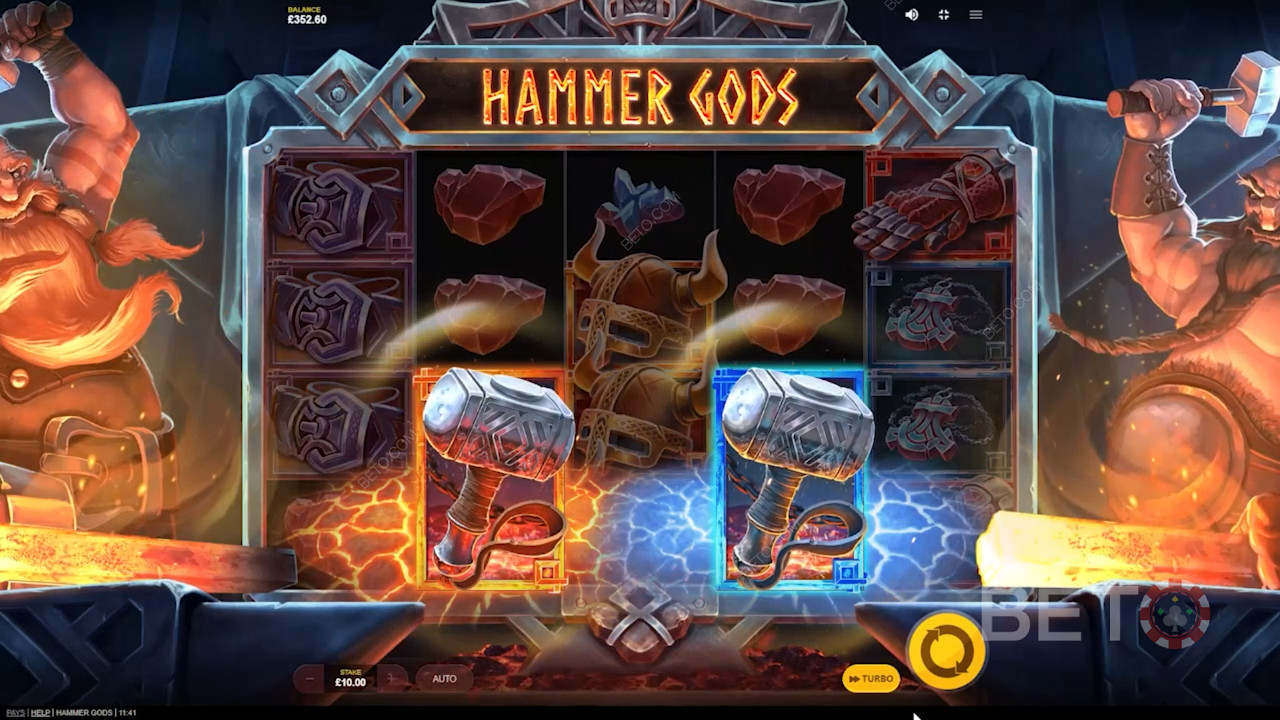 Snag the red and blue hammer for Free Spins in Hammer Gods pokie