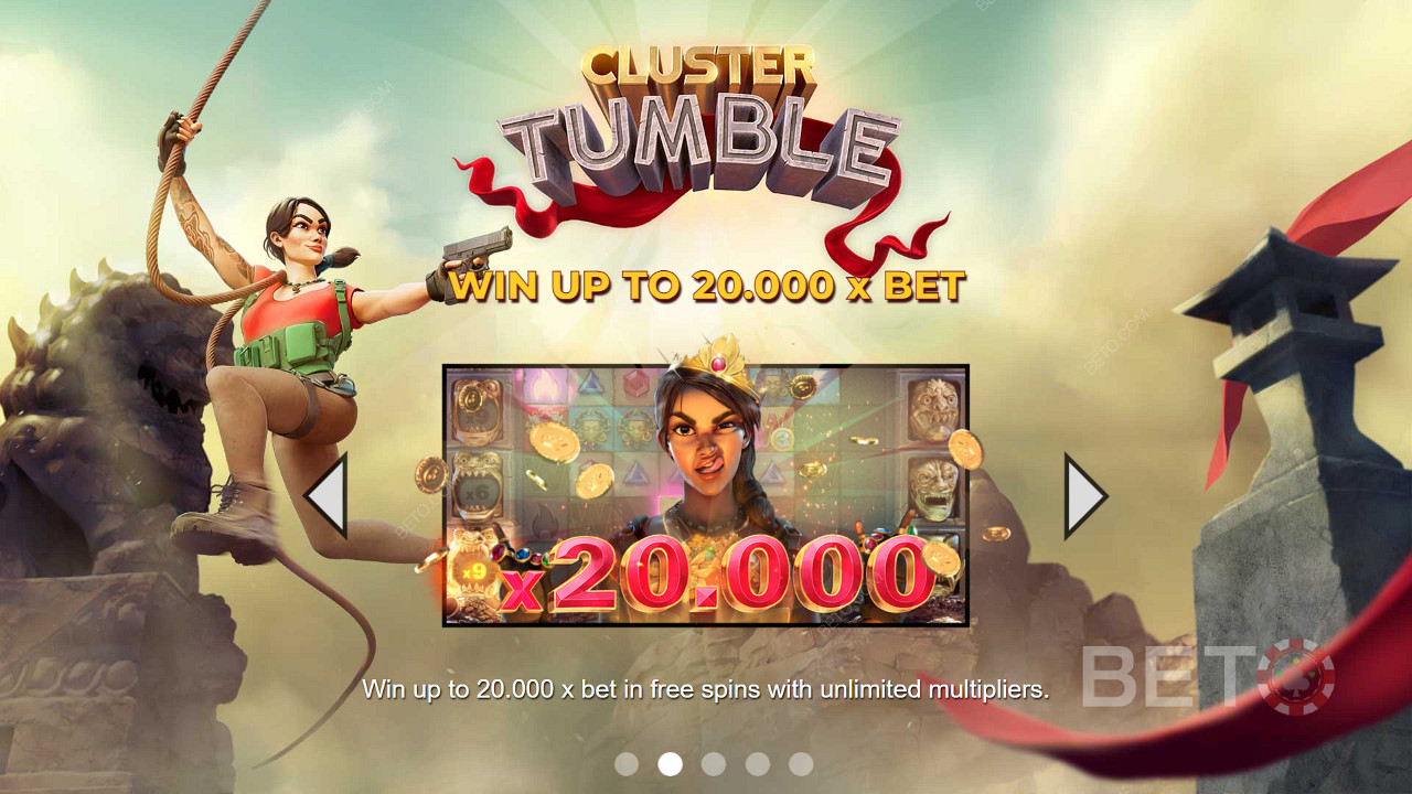 Score up to 20,000x the bet in payouts on the Cluster Tumble online pokie