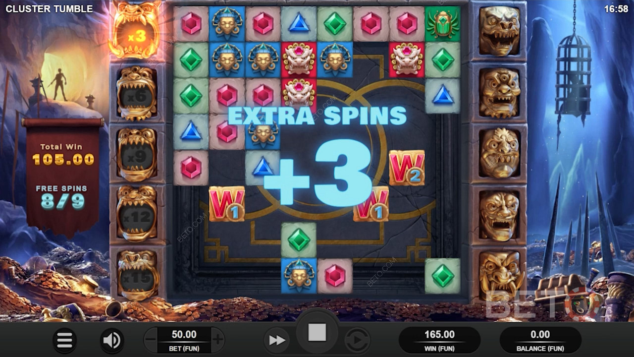 Snag 1 more Scatter in the Free Spins round for 3 extra bonus spins