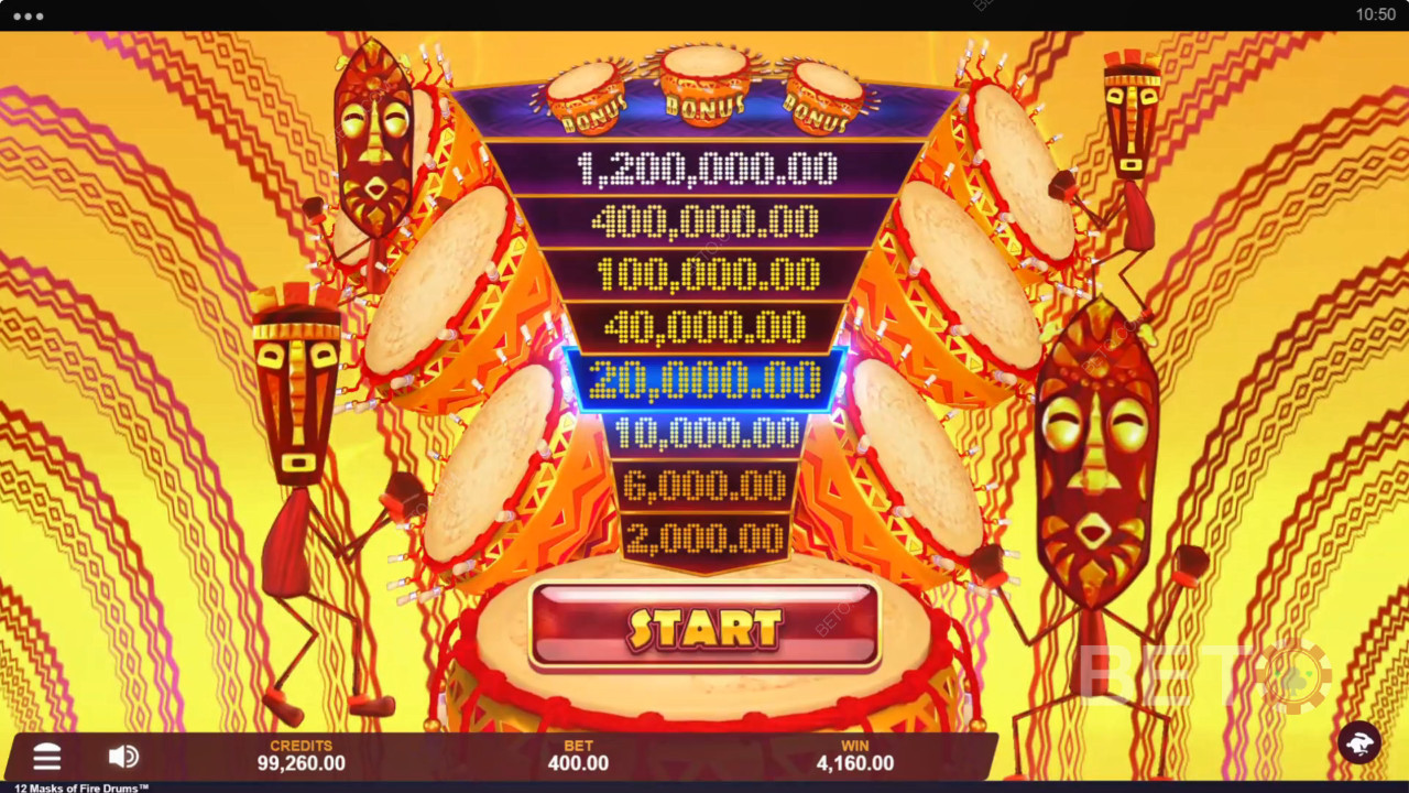 Score Big with 12 Masks of Fire Drums Pokie at BETO Pokies!