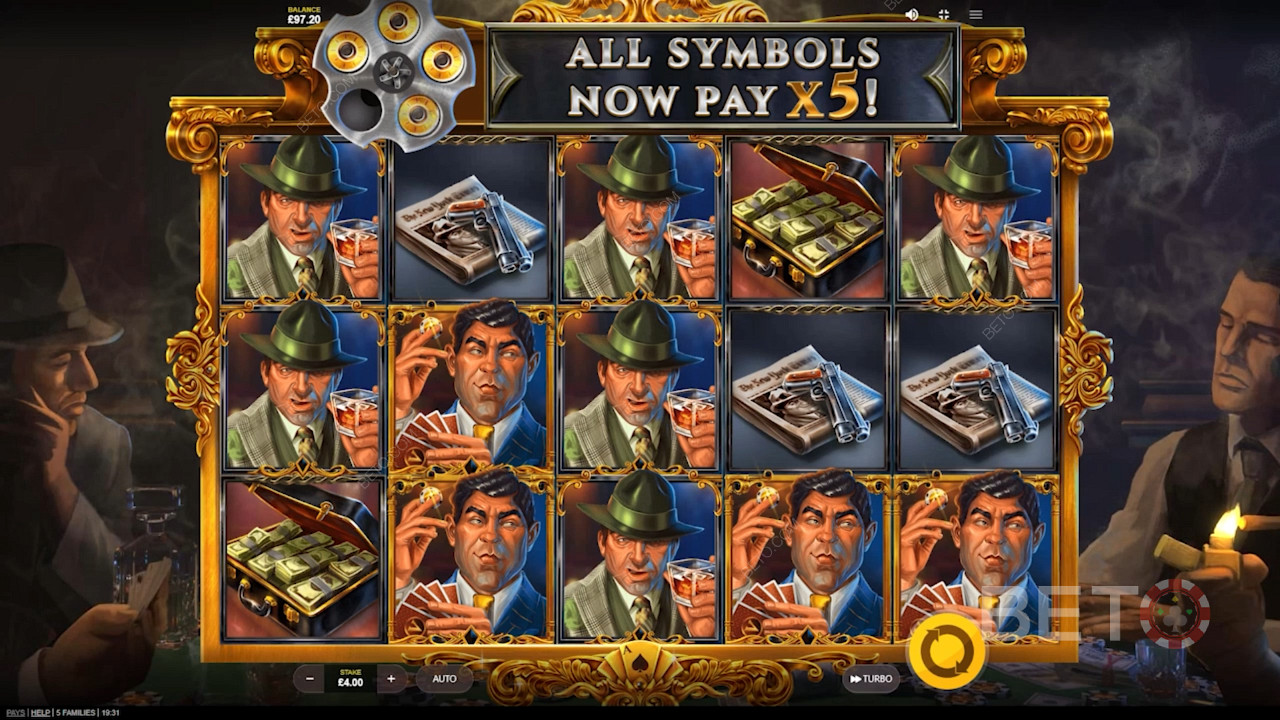Score 5x symbol payouts in the VIP Room of 5 Families pokie