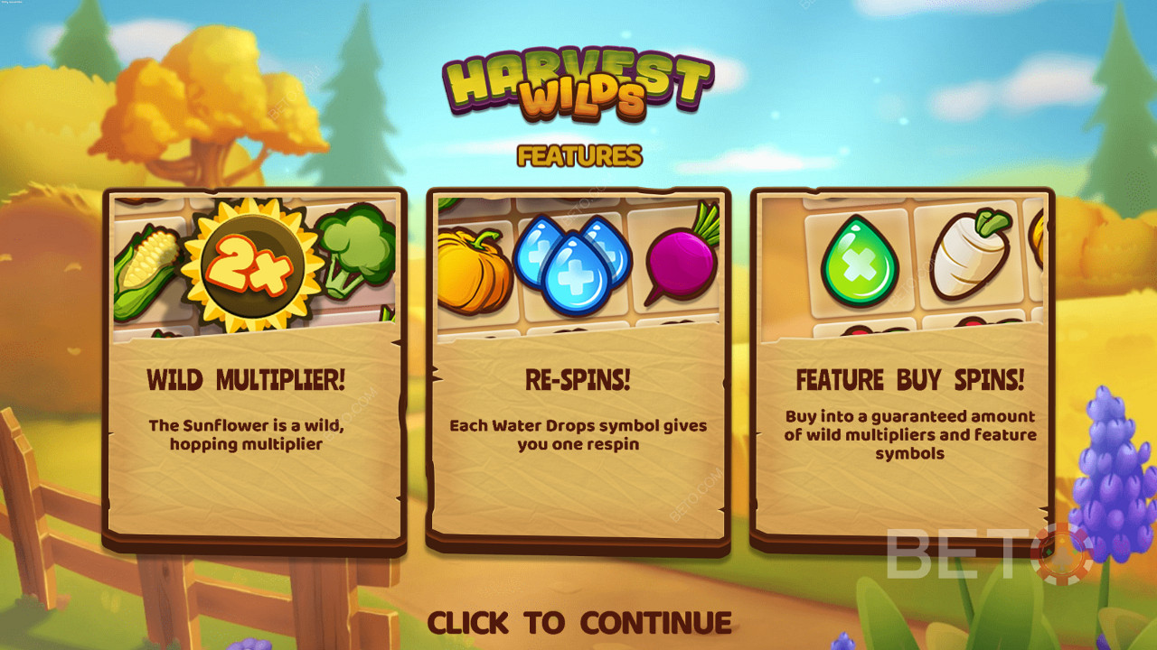 Score Wild Multipliers, Respins, and Bonus Buy in Harvest Wilds pokie