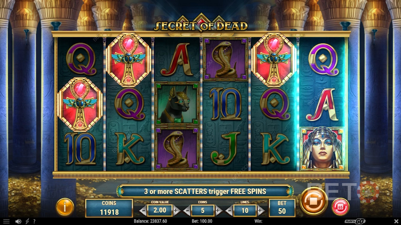 Score 3+ Ankh Scatters to unlock Free Spins in Secret of Dead pokie