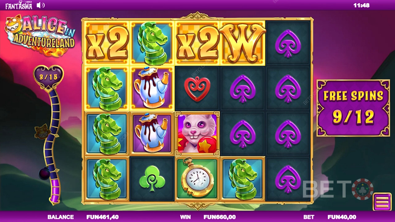 Score Free Spins, Rocketkat, Ultrabomb, and more in Alice in Adventureland pokie