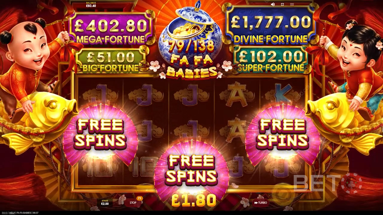 Play Fa Fa Babies and score 3 Free Spins symbols to trigger Free Spins