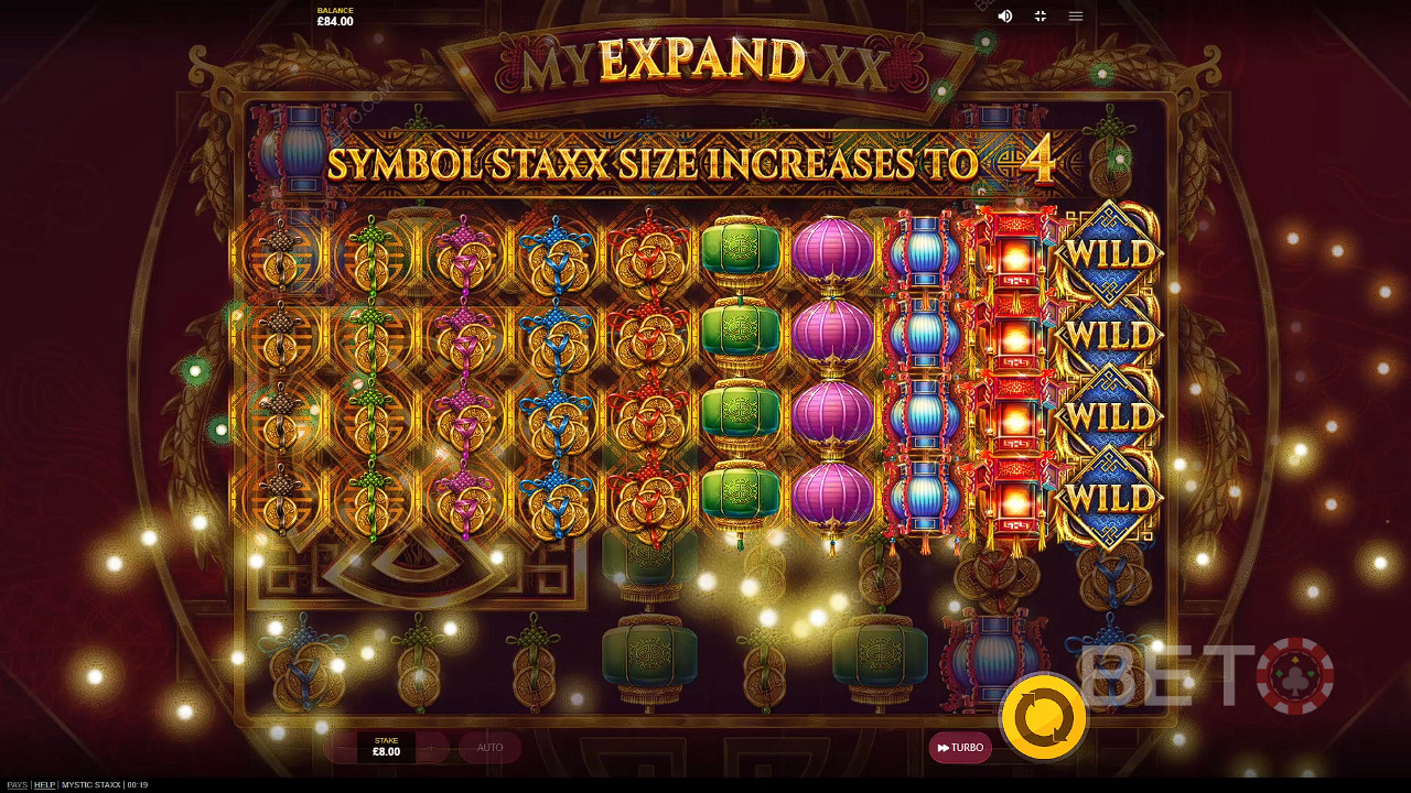 One spin with expanded symbols could land you big wins in Mystic Staxx pokie