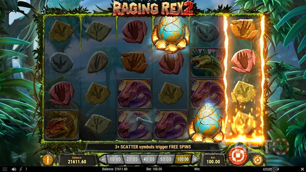 Score 3+ Scatters to Unleash Free Spins in Raging Rex 2 Pokie