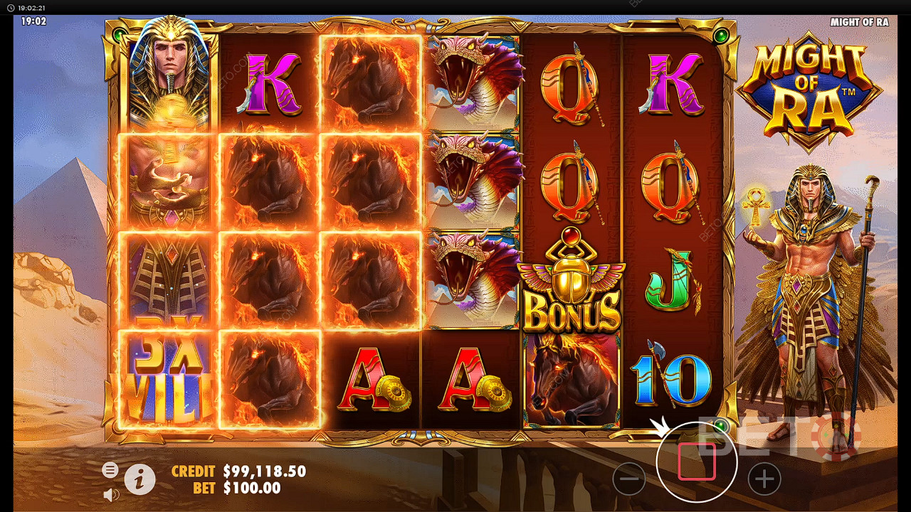 Score big with extra symbols on larger reels in the Might of Ra pokie