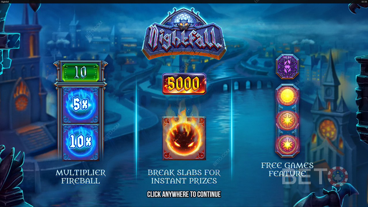 Score ripper features like Multiplier Fireballs and Free Spins in the Nightfall pokie