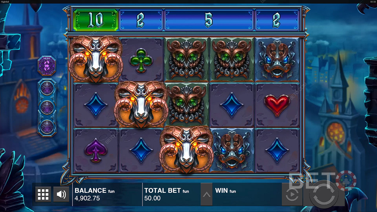 Line up matching symbols left to right for a win in the Nightfall pokie game