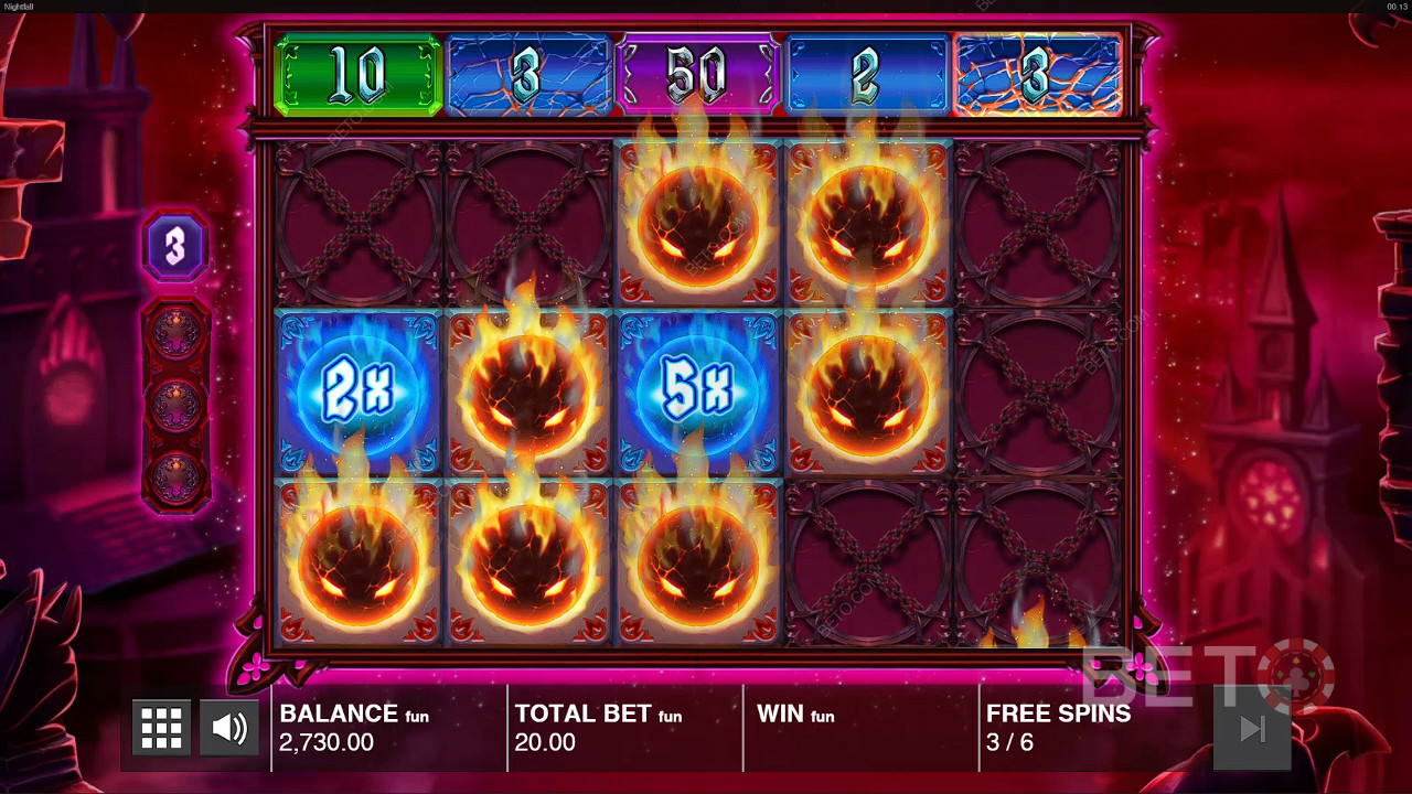 Fireballs, Multipliers, and Fire Orbs dominate the Free Spins round