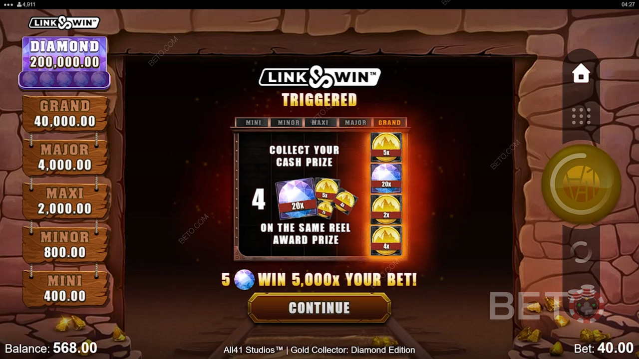 Trigger the Link Win bonus with 3+ Coins and Diamonds on BETO