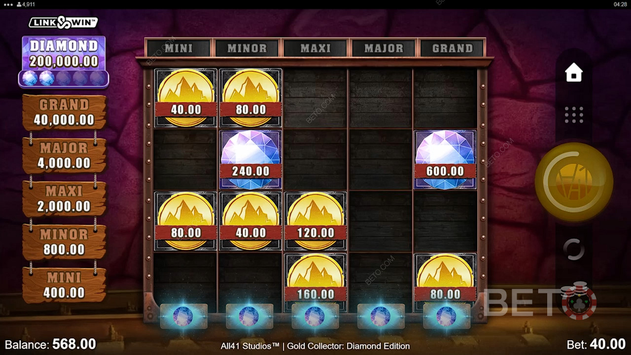 Blanket a reel with Coins and Diamonds to snag one of five Jackpot Prizes