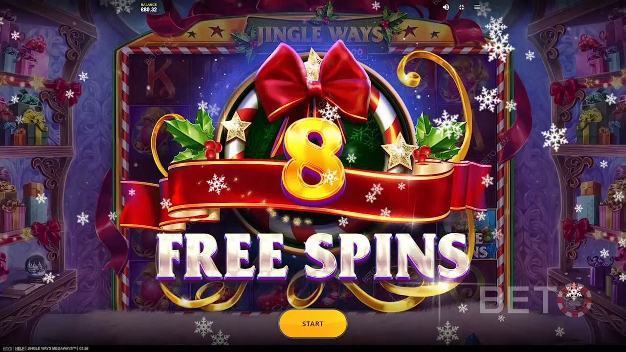 Score 8 Free Spins by landing 3 Scatters on Jingle Ways Megaways reels