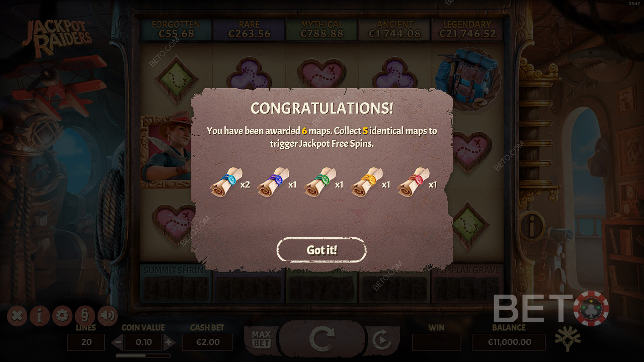 Snag five matching treasure maps in the Bonus Games for a shot at the Jackpot Prizes