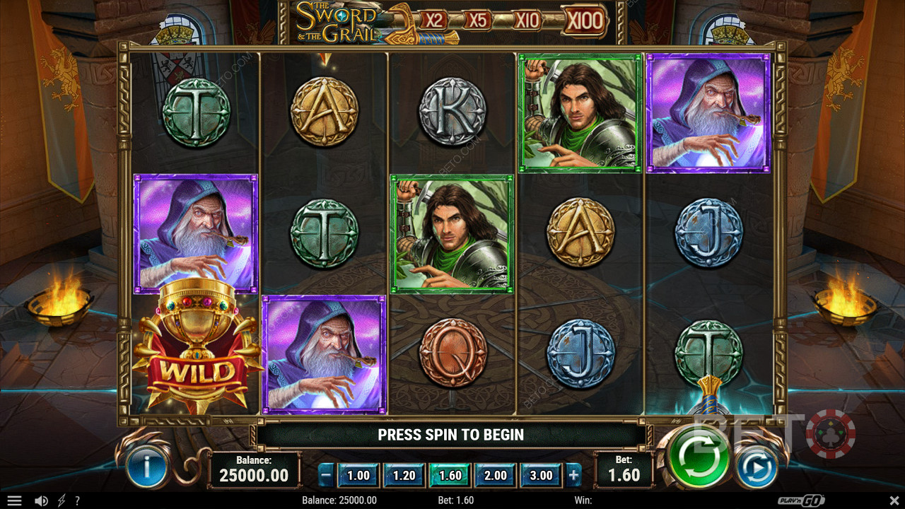 The Wild might pop up with a Multiplier worth up to 100x in The Sword and The Grail pokie