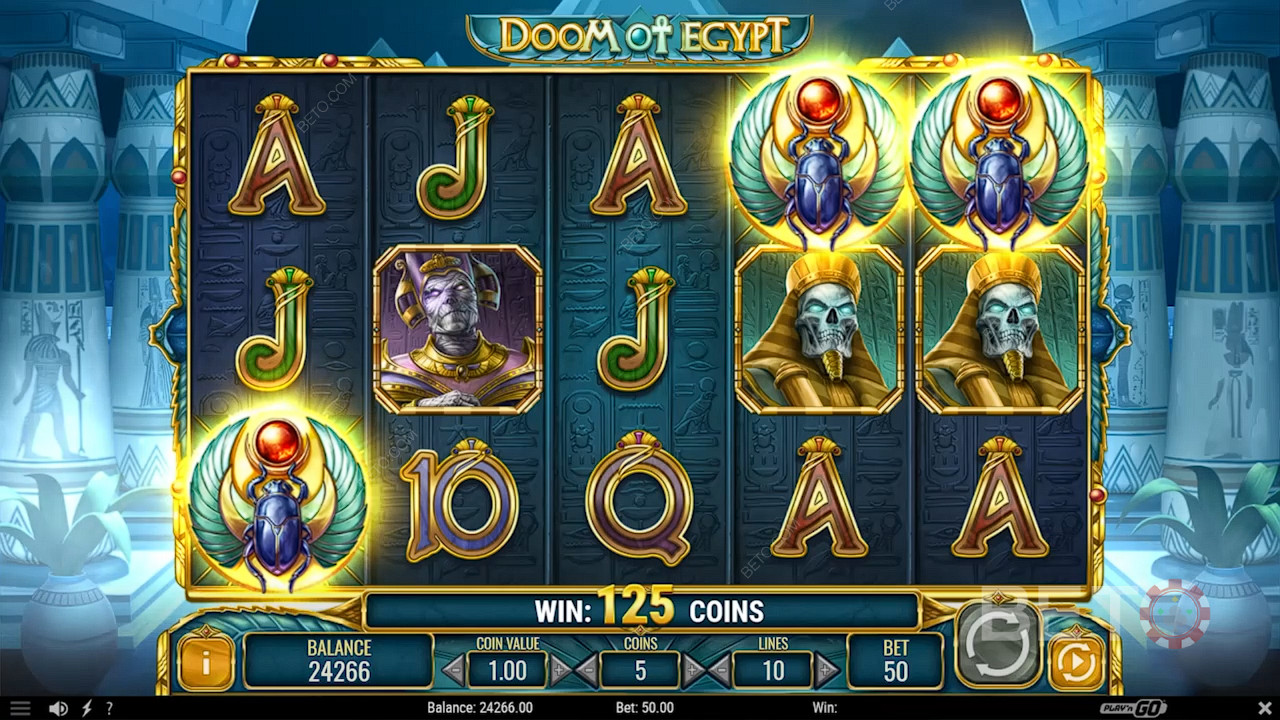 Activate the Free Spins by hitting 3+ Scatters in the Doom of Egypt online pokie
