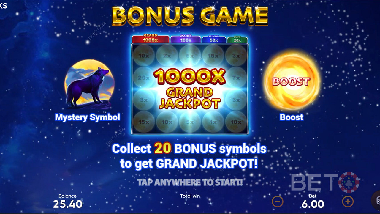 Snag 20 Bonus symbols in the Bonus Game to score the Grand Jackpot