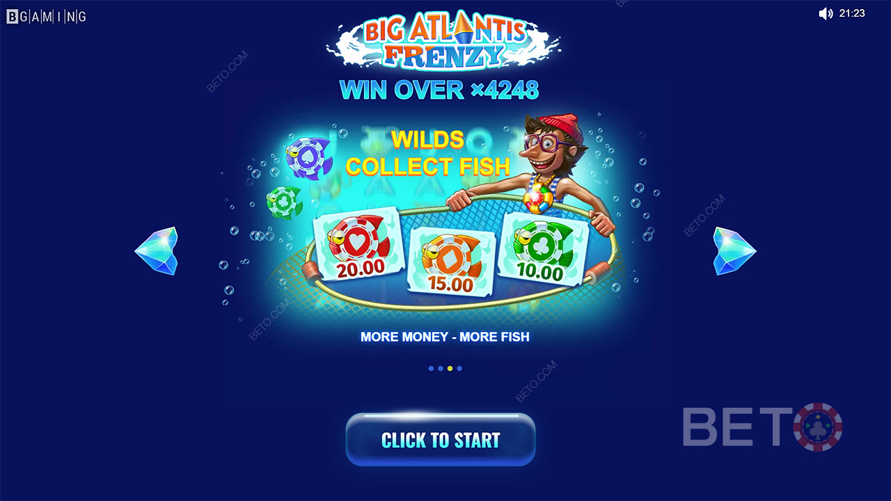 Catch fish symbols with wild symbols for wins in Big Atlantis Frenzy pokie