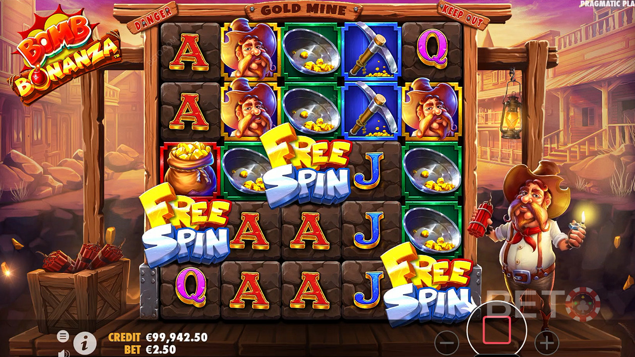 3 Scatters kick off Free Spins in the Bomb Bonanza pokie game