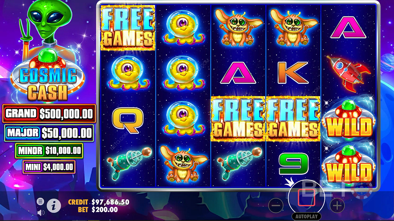 Score 3+ Scatters to launch Free Spins in Cosmic Cash pokie