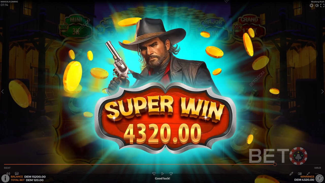 Win 5,105x Your bet in the Mustang Rush Online Pokie!