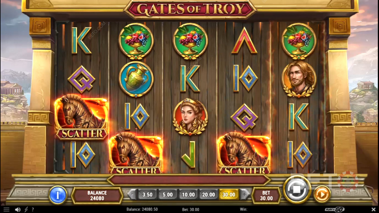 Snag Free Spins with 3+ Scatters in Gates of Troy pokie game
