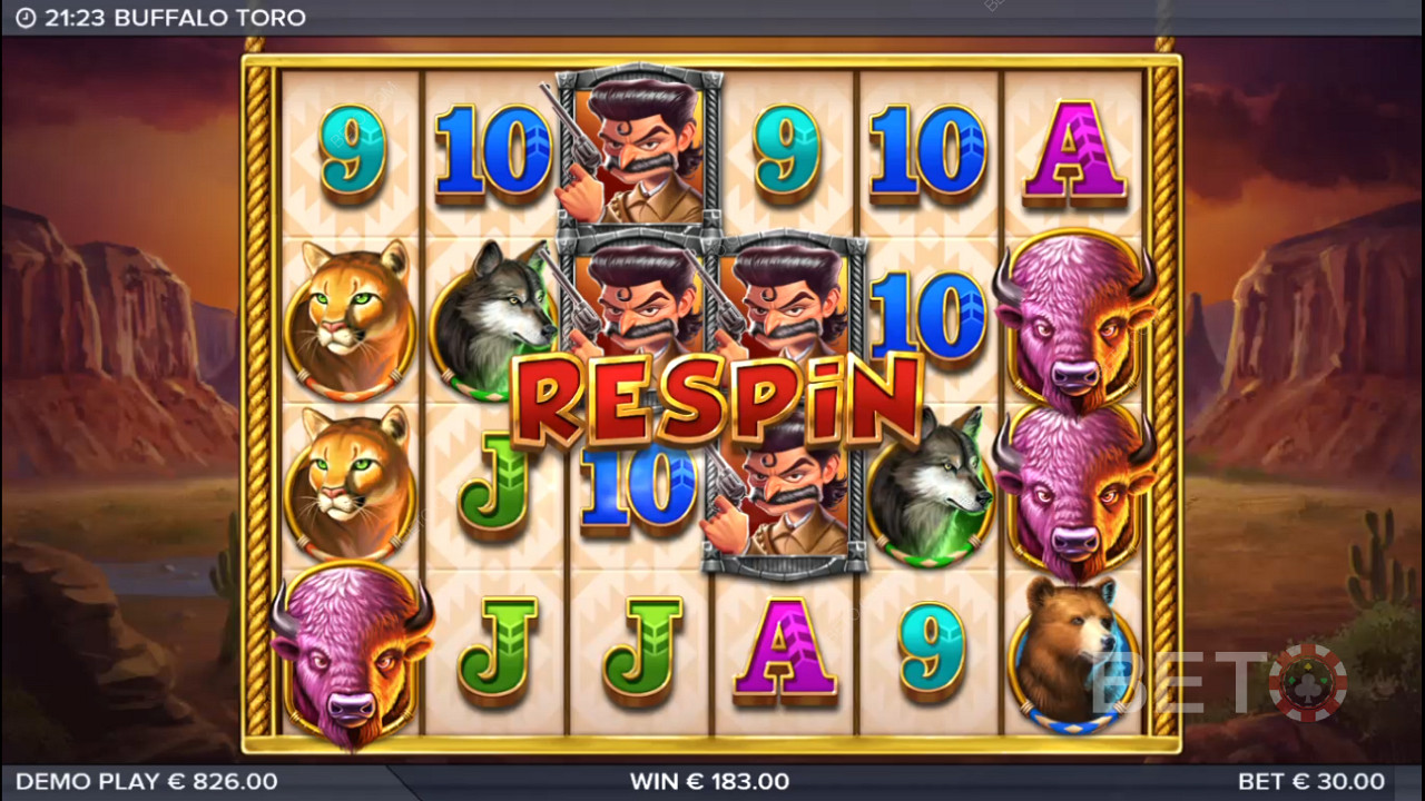 2 or more Wild Bull symbols trigger Matador Respins