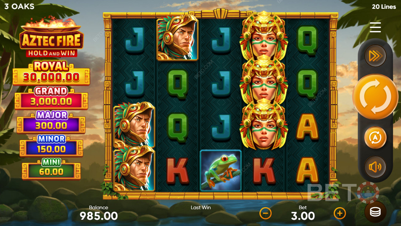 Score up to 10,000x your wager in Aztec Fire: Hold and Win pokie