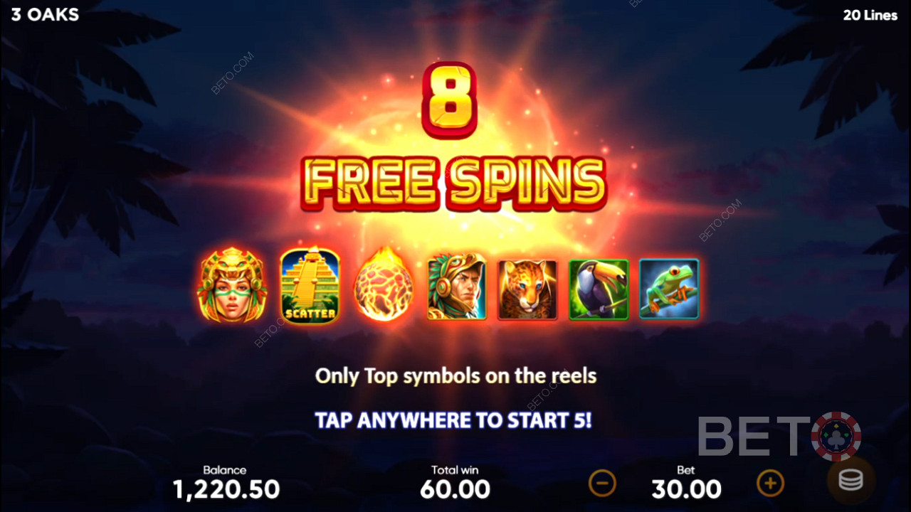Snag 3 Scatters for 8 Free Spins with top-paying symbols only
