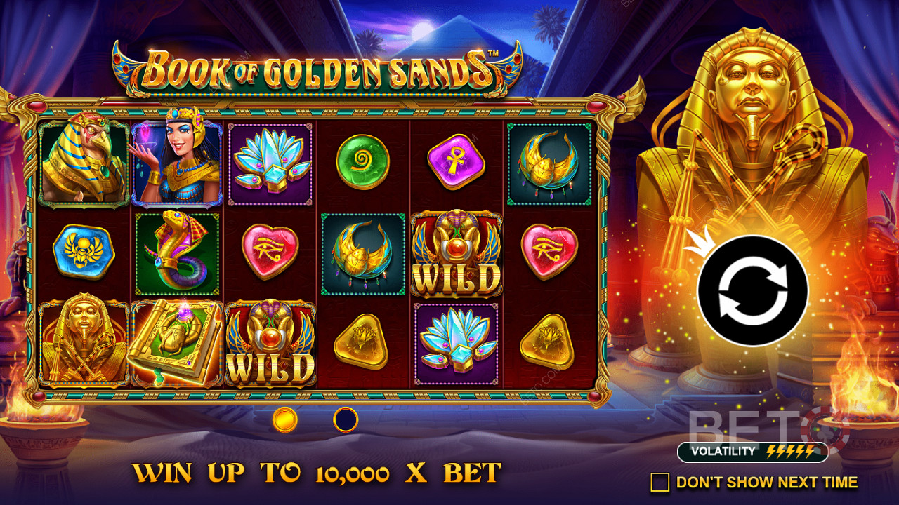 Pocket up to 10,000x your wager in the Book of Golden Sands pokie