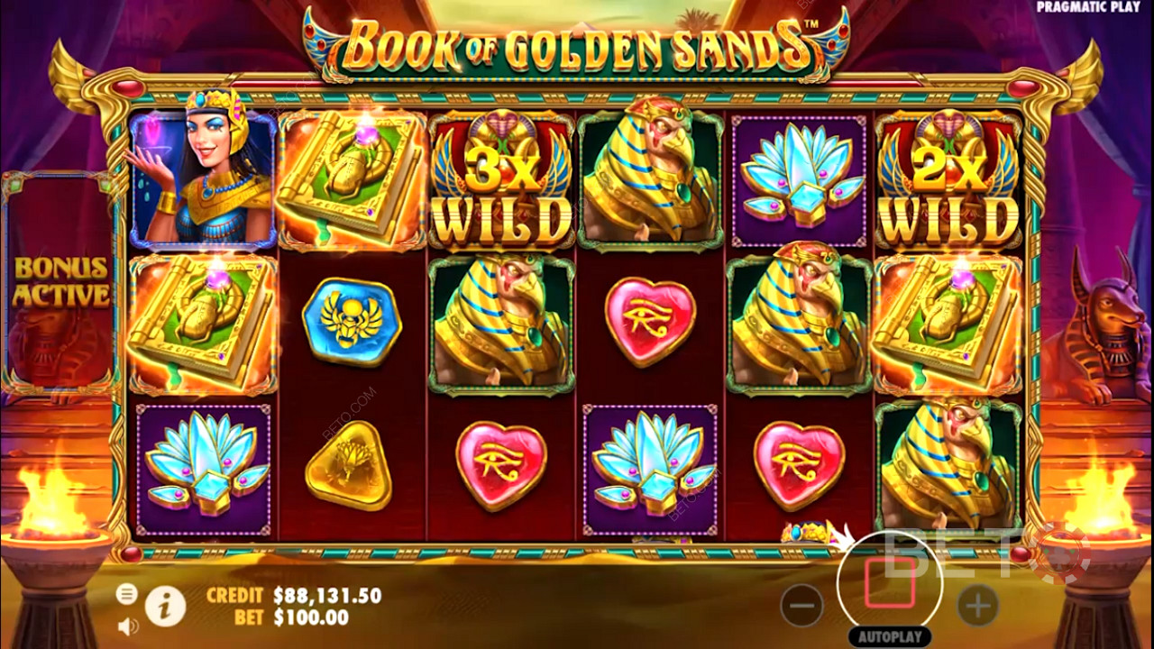 Multiplier Wilds pop up in Book of Golden Sands online pokie