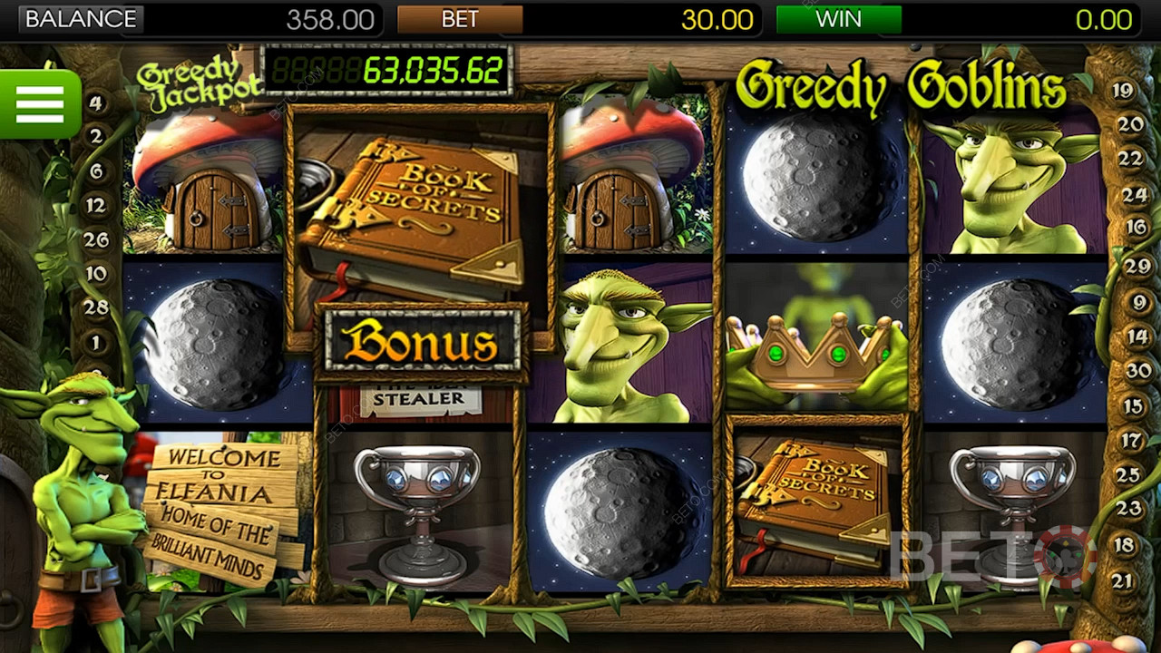 Score 2 Secret Tomes on reels 2 and 4 to unlock the Secret Tome bonus round