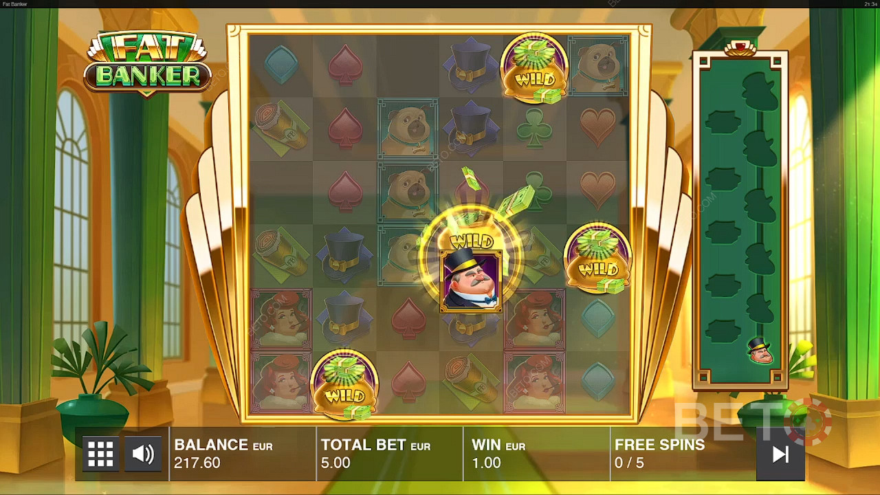 The banker nabs the Wilds and bulks up during Free Spins in the Fat Banker pokie