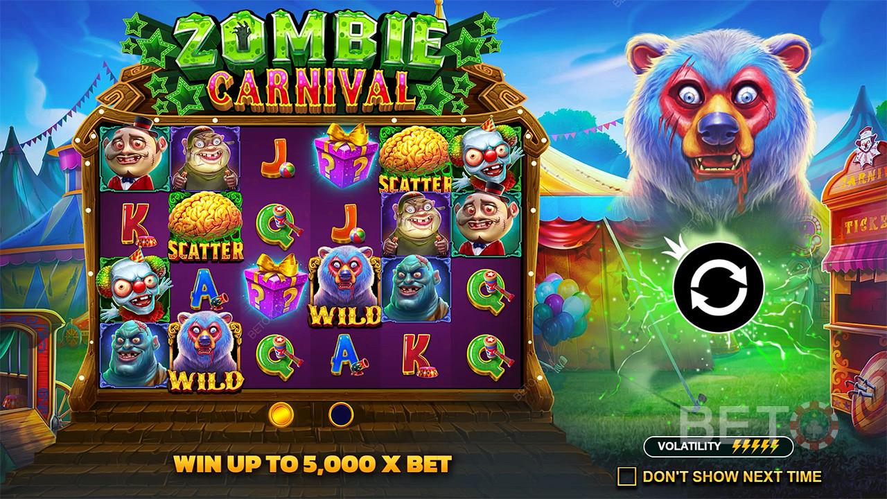 Snag up to 5,000x your wager in the Zombie Carnival pokie