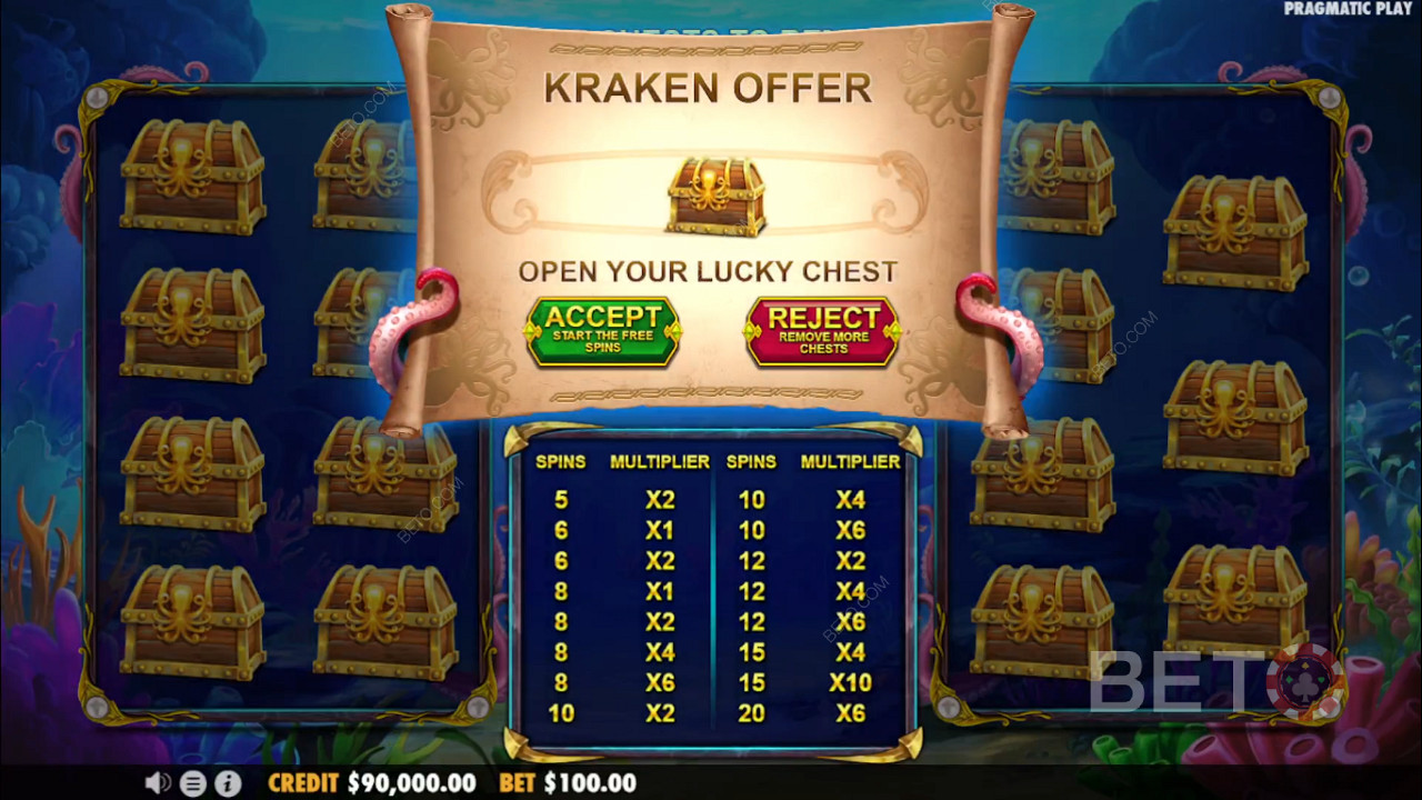 Take the deal or roll the dice in the mini-game in Release the Kraken 2 online pokie